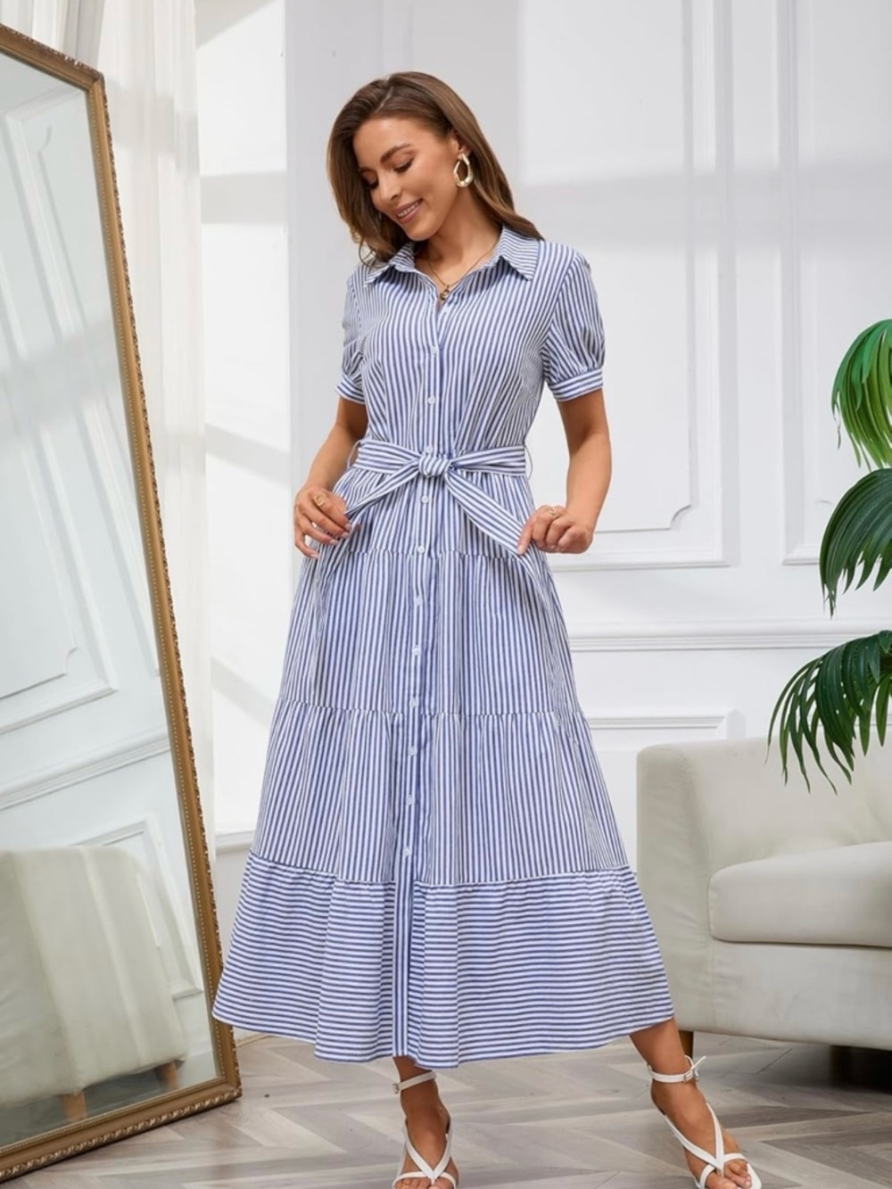 Blue and White Striped Maxi Shirt Dress with Tie Waist